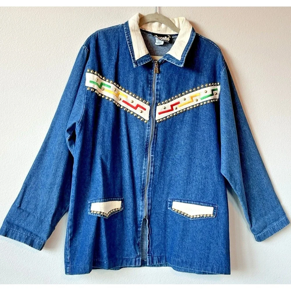 Vtg Gepetto Womens Blue Denim Gold Studs Jacket & Matching Pull on Pants XL SET